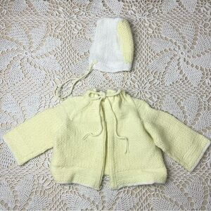 Vintage 1970s Baby 6 Months Yellow Hand Knitted Cardigan Bonnet Set